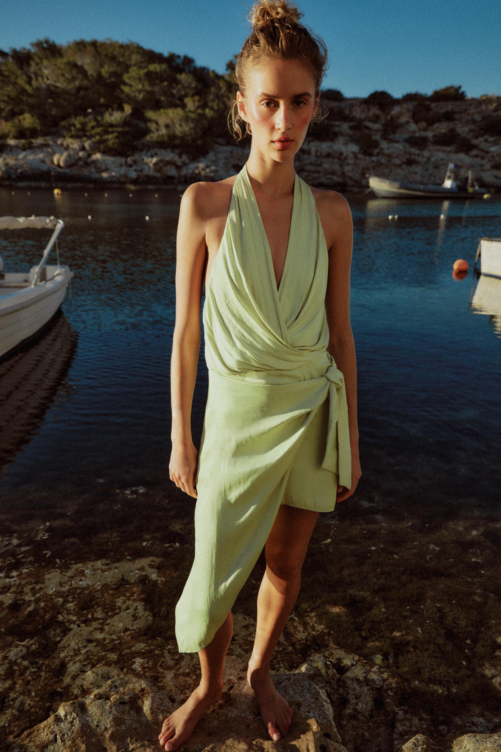 ASYMMETRIC SATIN EFFECT KNOTTED DRESS